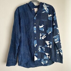 Emotionally Unavailable Hooded Shirt Mens Large Blue Patchwork Camo Linen Cotton